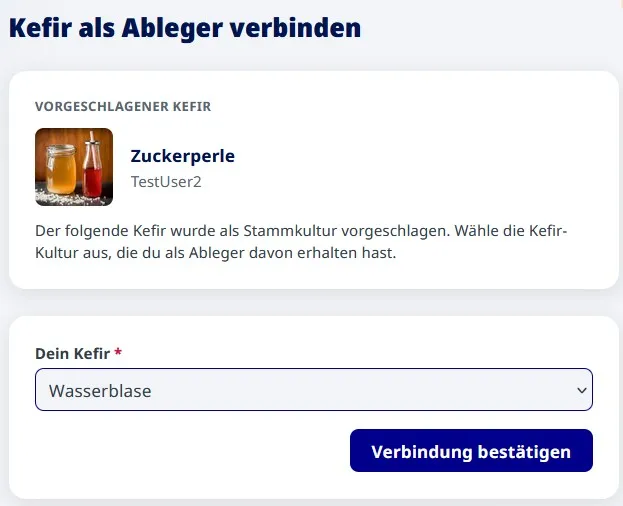 Bestätigungs-Seite „Kefir als Kind verbinden“ mit vorgeschlagenem Kefir und Auswahl des eigenen Kefirs